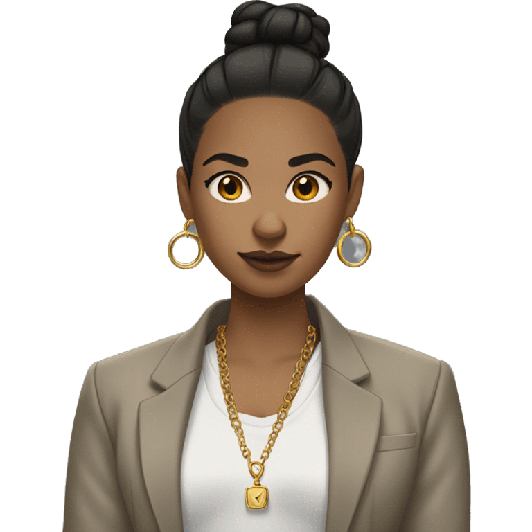 Light brown girl with black low bun, gold bracelet, gold rings, gold nose ring, gold rings, gold earrings, with a gray shirt, a blazer, plaid pants, and white sneakers emoji