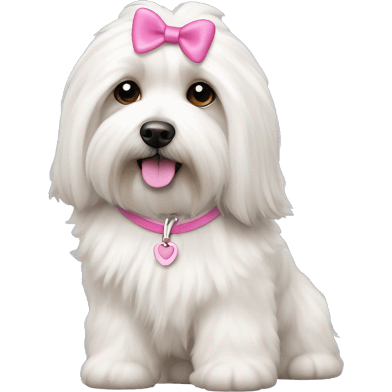 Long haired Coton de Tulear dog with pink harness and pink hair clip emoji