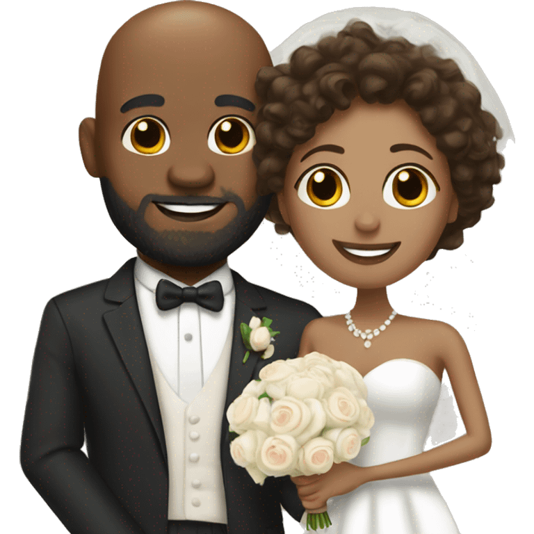 Black bald man with a beard and his wife with long, brown, curly hair on their wedding day emoji