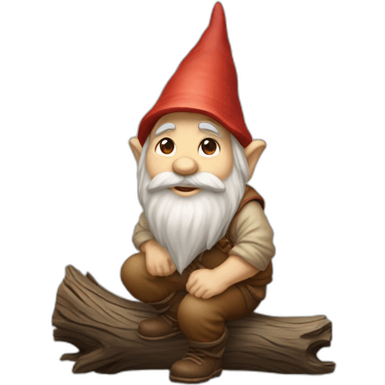 side view of gnome with light tan pants squatting on top of small brown log emoji