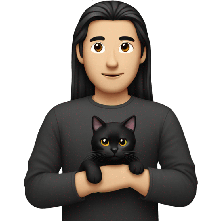 Long hair Asian man holding black cat emoji