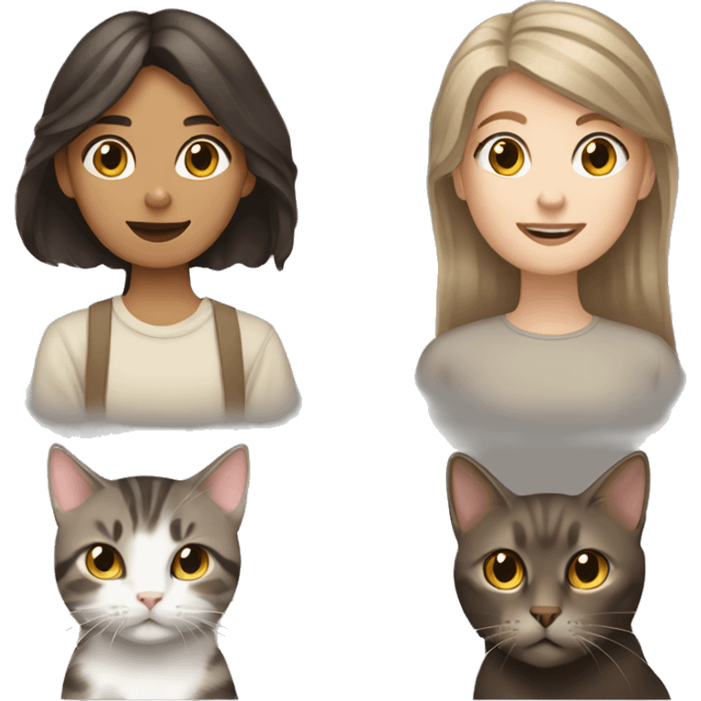 A dark brown haired girl and a gray and beige tabby cat emoji