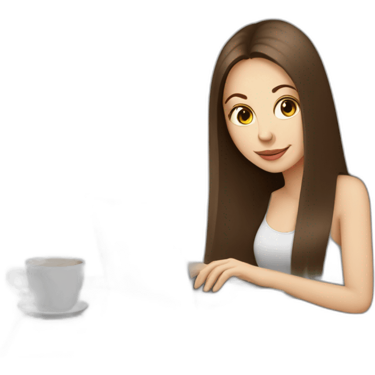 woman with long straight brown hair and pale skin using a laptop as a tray for a coffee mug emoji