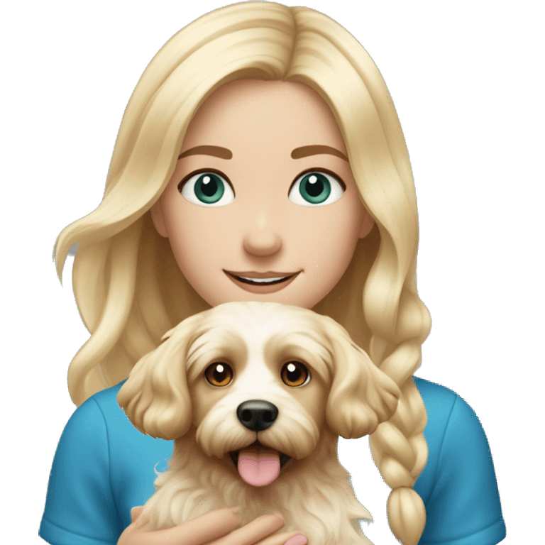 White blond girl with long hair and blue eyes playing with a cavapoo dog emoji