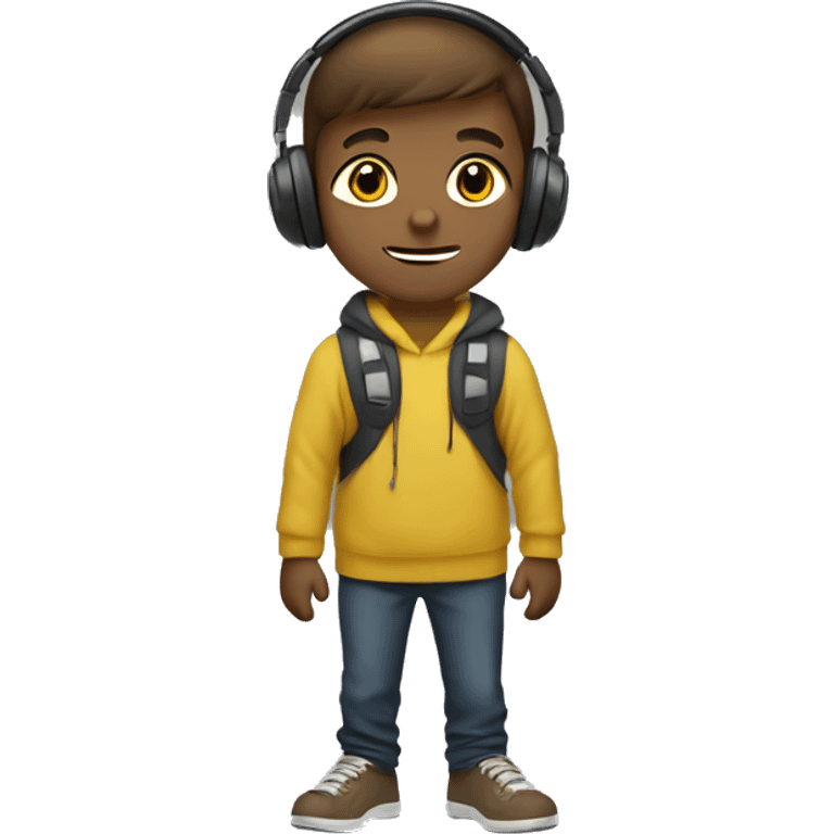 a brown short hair boy with headphone and yellow pullover say "hi" emoji