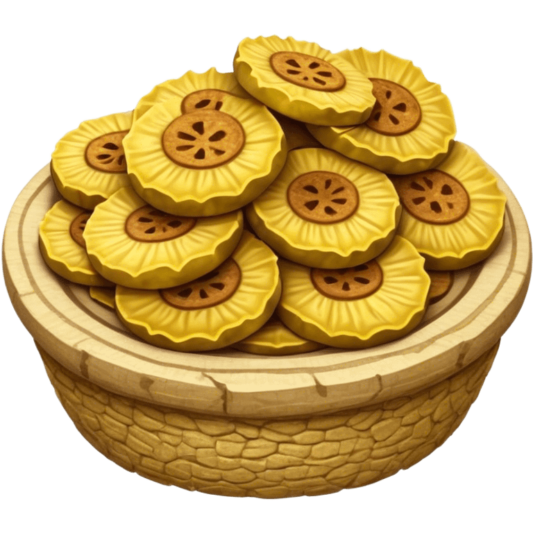 Patacones Cinematic Realistic Patacones Dish Emoji, depicted as crushed, crispy plantain discs, rendered with rich textures and dynamic, natural lighting. emoji