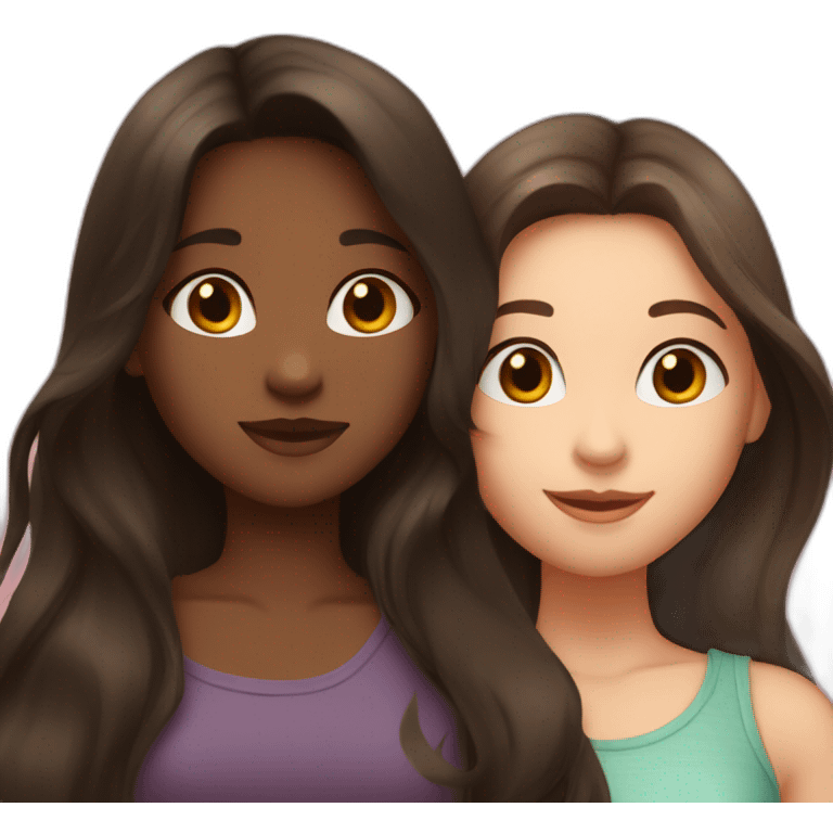 one girl long dark hair and clear skin and one girl long brown hair and darker skin hugging emoji