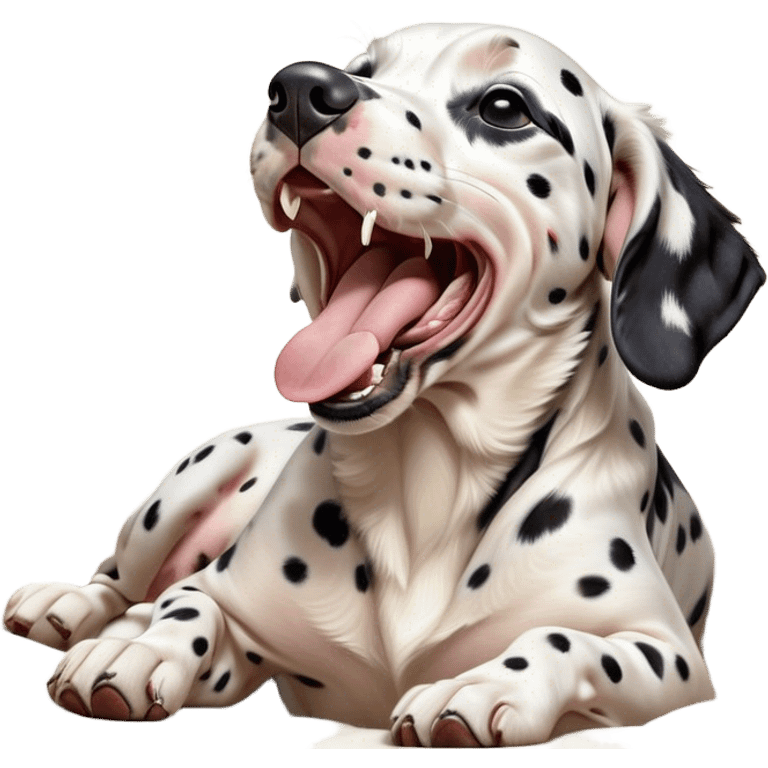 Cinematic Cute Yawning Spotted Dalmatian Portrait Emoji, Head tilted slightly with a dramatic, wide-open yawn, showcasing a smooth Fur of predominantly white with bold black patches, floppy ears slightly drooping, round eyes barely open in drowsy contentment, Simplified yet irresistibly adorable features, highly detailed, glowing with a soft, cozy glow, high shine, relaxed yet expressive, stylized with a touch of whimsy, bright and endearing, soft glowing outline, capturing the essence of a sleepy yet affectionate guardian, so drowsy it feels like it could stretch out of the screen and curl up for a nap! emoji