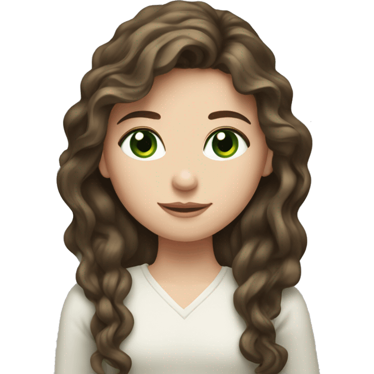 Brunette girl with wavy long hair, white skin, Europe race,green eyes emoji