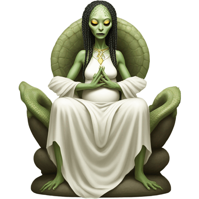 a Reptilian alien woman, pregnant, in meditation, white dress like a priestess emoji