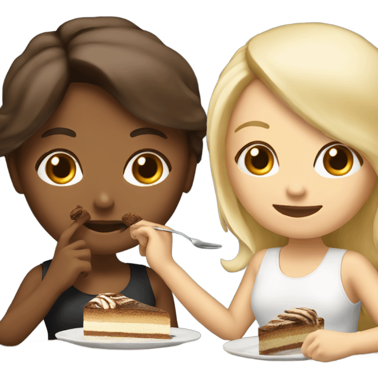 two girls blond and brunette eating tiramisu emoji