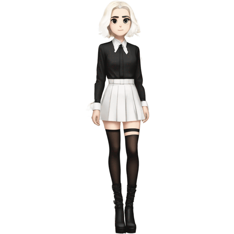 Anime version of Kiernan Shipka in 20denier black thigh highs and Strappy  platform high heel sandals with white blouse  emoji