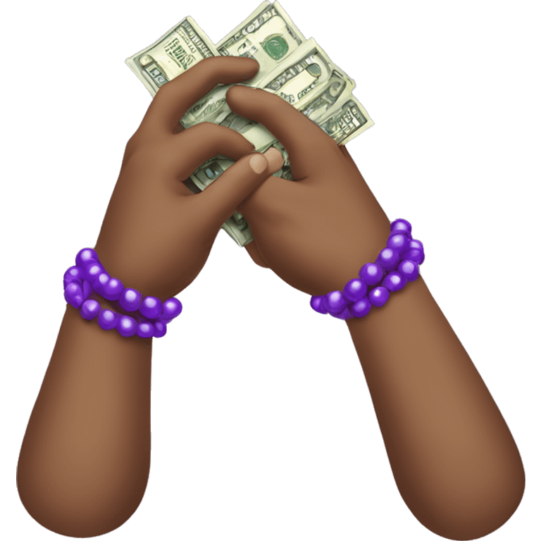 hand with purple bead bracelet holding money emoji