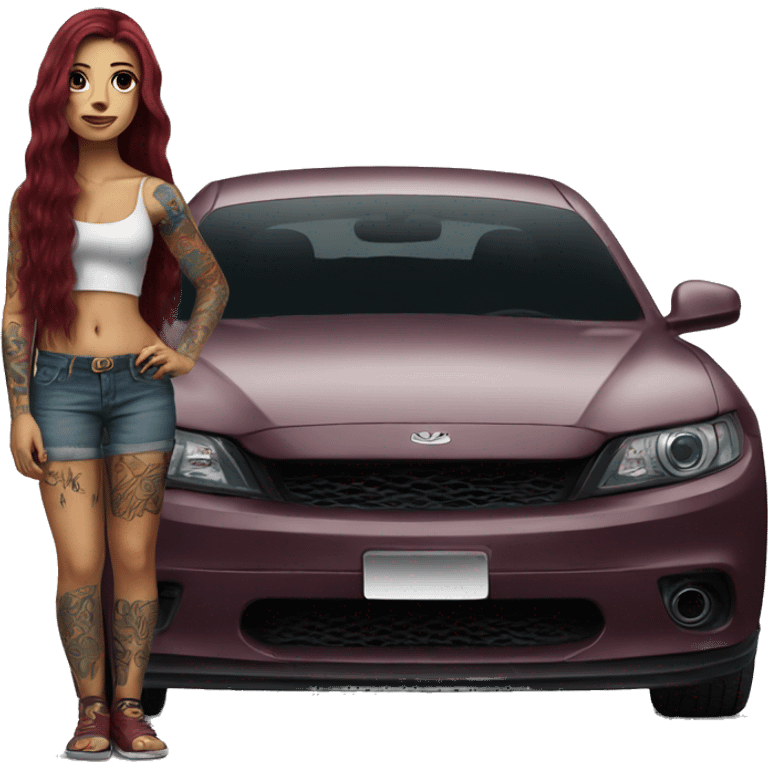 Beautiful tattooed burgundy long haired woman standing next to a car emoji