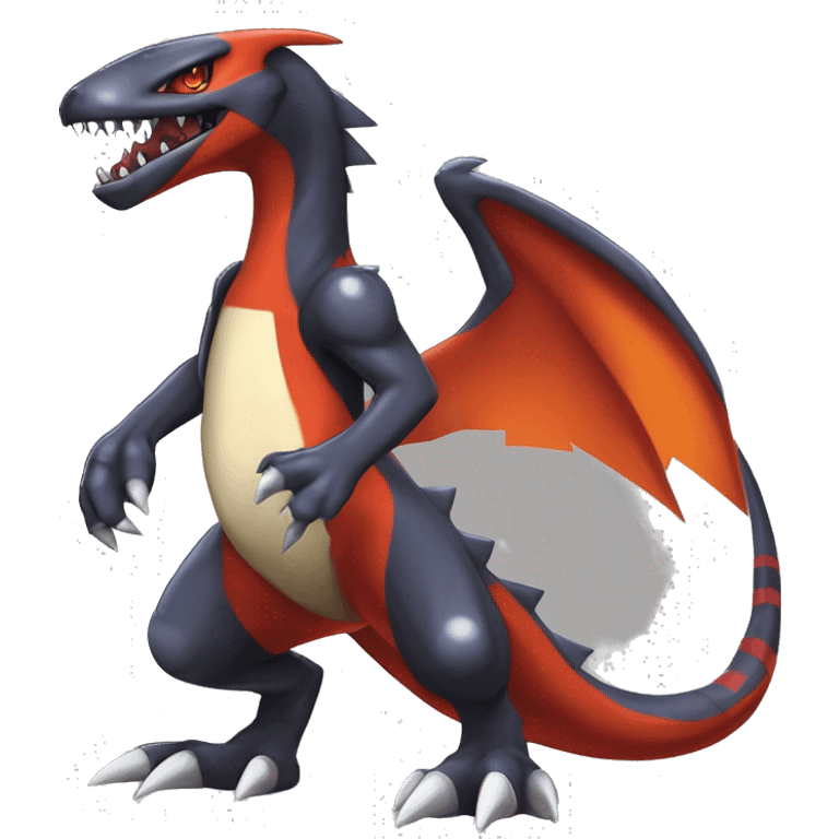 Black, Red, Orange, Beige, Modern, Cool, Edgy, Badass Punk-style Garchomp-Charmeleon-Sergal Fakémon-Digimon with sharp edgy striking detailed stripe-markings,  full body emoji