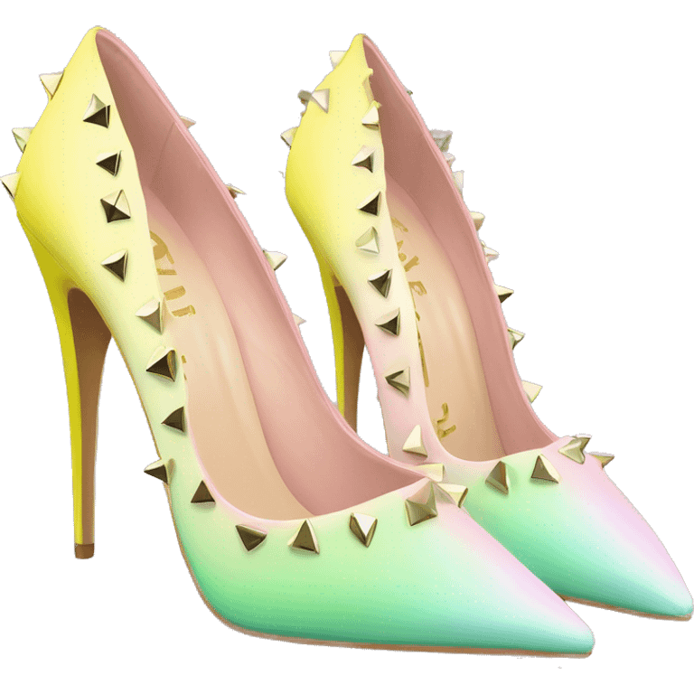 Hyper Realistic top front view of a pair of pastel pink,pastel green,and pastel yellow ombre gold studded pointed toe stiletto shoes.  emoji