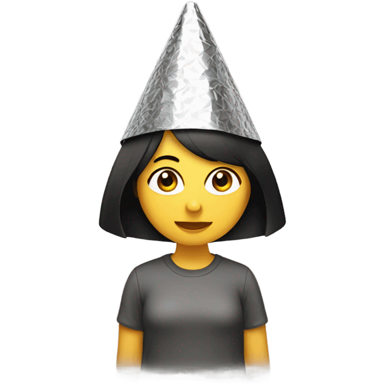 Girl with black hair wearing an aluminum foil cone hat emoji