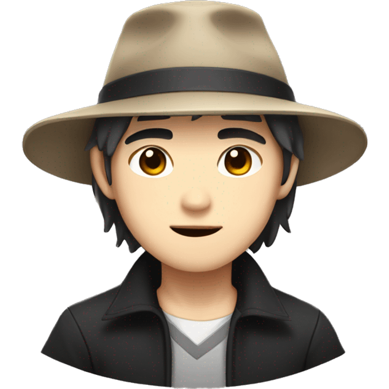 asian anime gentle man with brown hair and black hat trending style emoji