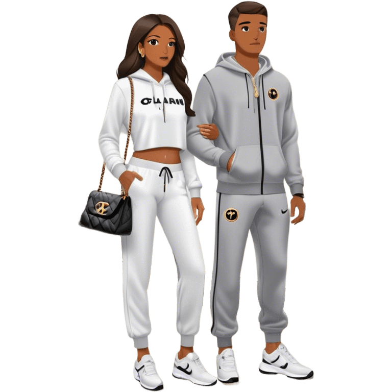 Realistic Man living his dream standing in the master bedroom of a mansion. He’s boo’d up with a pretty Brownskin big booty woman wearing a Chanel outfit and Bvlgari watch with her holding a Chanel bag. The man has on a Nike Tech Fleece sweatsuit. The man isn’t holding a bag emoji