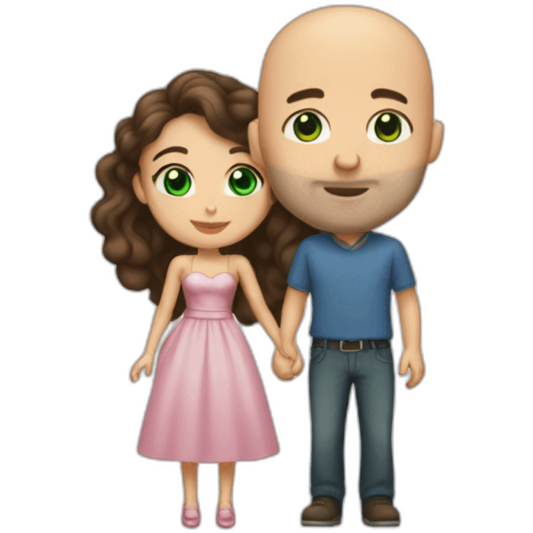 caucasian bald man with green eyes and a caucasian woman with long curly dark hair and brown eyes kissing emoji