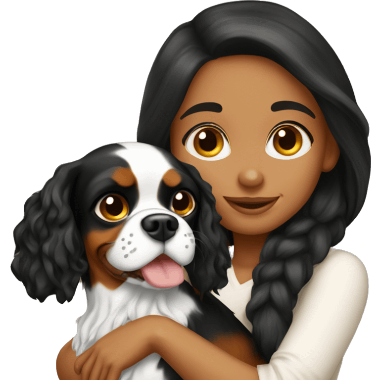 a beautiful brunette girl hugging a cavalier king charles spaniel  emoji