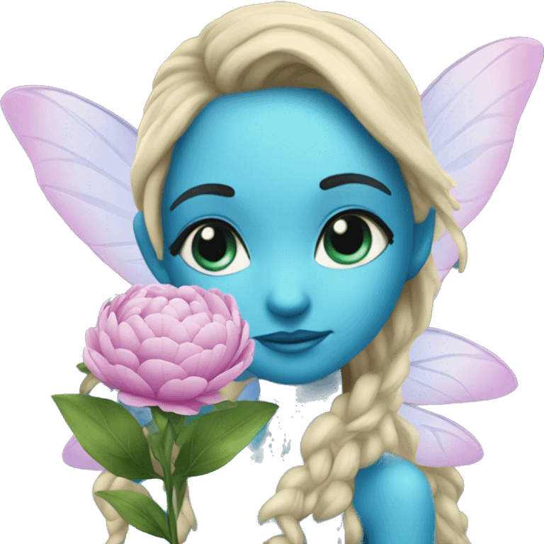 A fairy smells a blue blue glittery flower that looks like a peony emoji