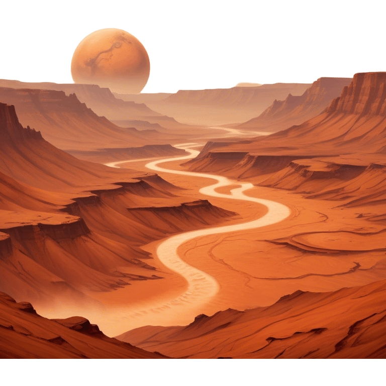 Cinematic Realistic Mars, portrayed with rugged, rust-colored landscapes, deep canyons, and swirling dust storms rendered with lifelike texture and an orange-hued glow that evokes the enigmatic allure of the Red Planet. emoji