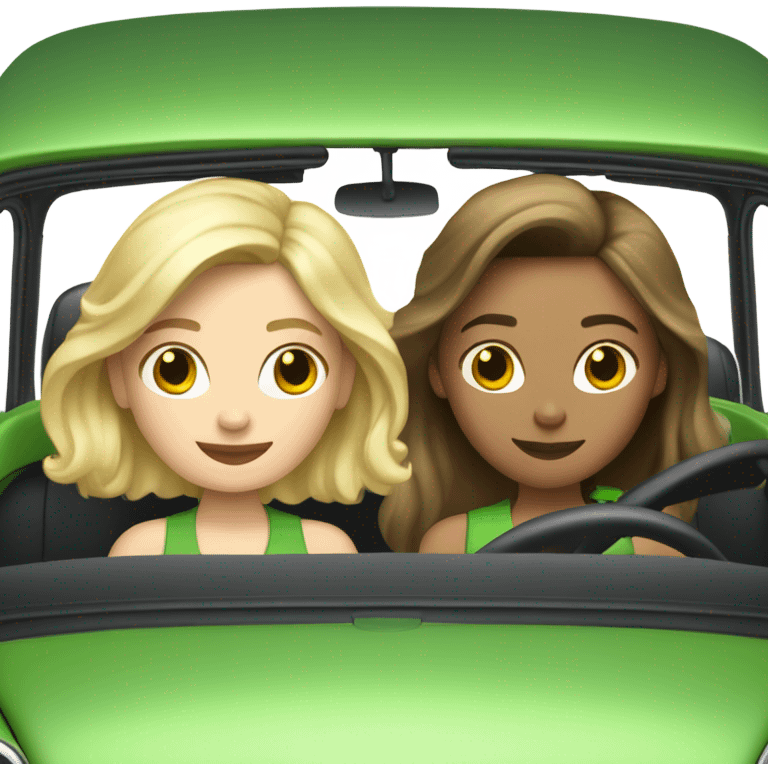 Two Caucasian, blonde girls and two Caucasian brunette girls in a green VW beetle convertible emoji