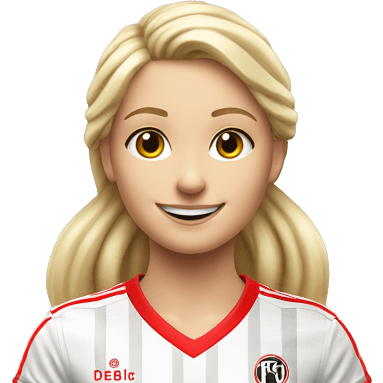 A blonde Girl smiling with a red and white Soccer jersey of the german Soccer Club 1. fc köln  emoji