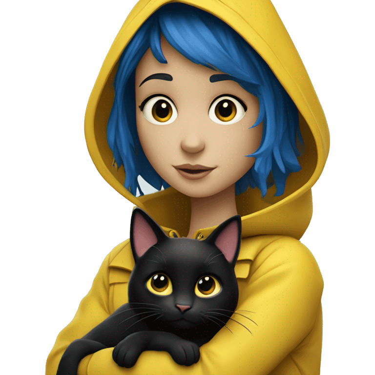 Coraline Jones 	•	“A brave young girl with short blue hair, wearing a yellow raincoat, jeans, and rain boots, holding a black cat, with a curious and adventurous expression.” emoji