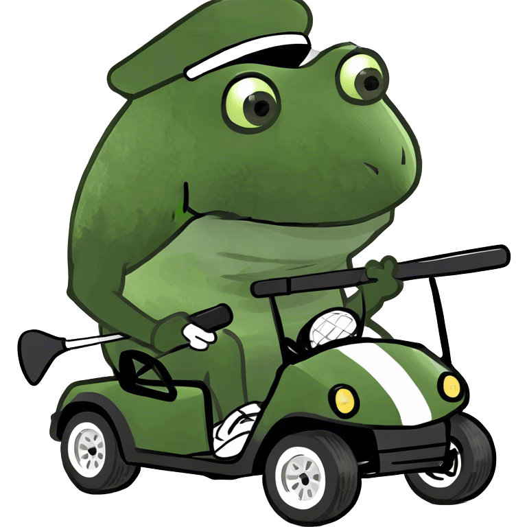 Bufo playing golf in a golf kart with a golf club and no hat emoji