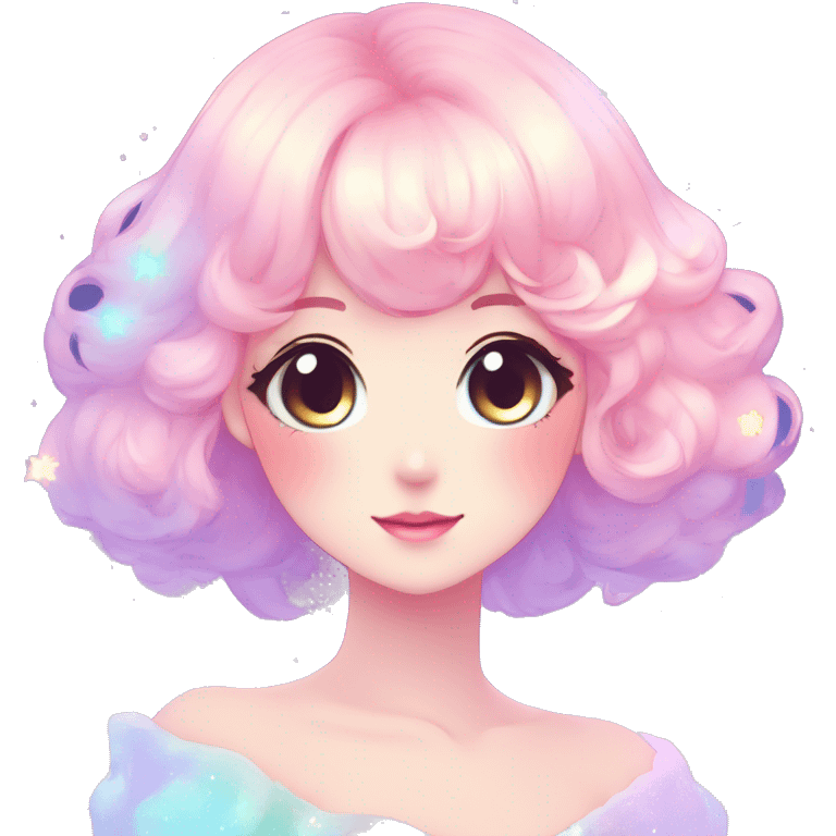 Gorgeous pastel anime style lady blushing nebula-gradient-sparkle face dreamy idol model colorful shiny stars galaxy kawaii cottagecore pearly petite simplistic aesthetic trending style emoji