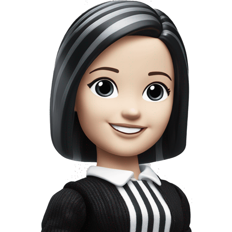 Good shape Barbie. 1999 teen Wednesday Addams from academy. Smiling. Dark-gray and black striped outfit. Very Pale-white porcelain skin.  emoji