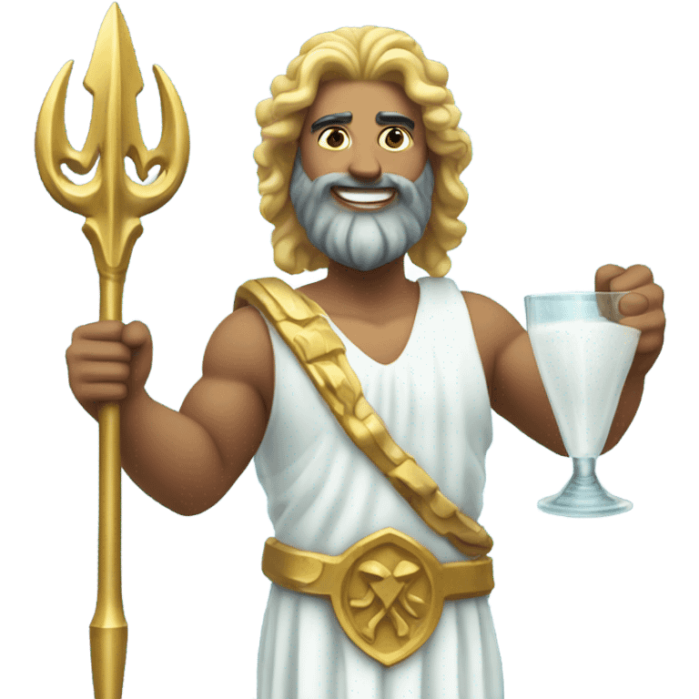 Poseidon with Trident. white dress. smile . eye blink. with glass emoji