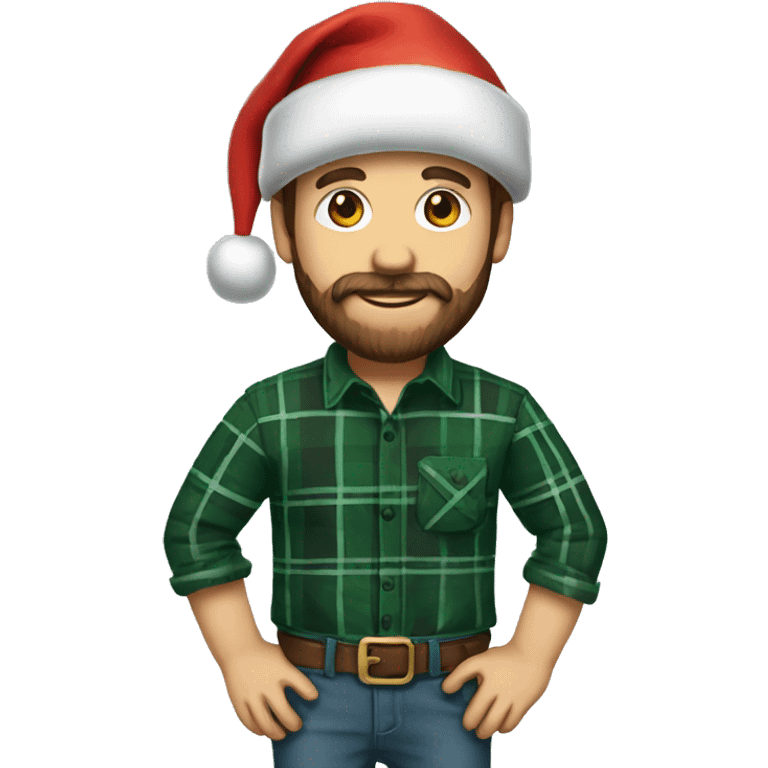 Man with a beard and brown hair wearing a green and black plaid flannel shirt and a Santa hat emoji