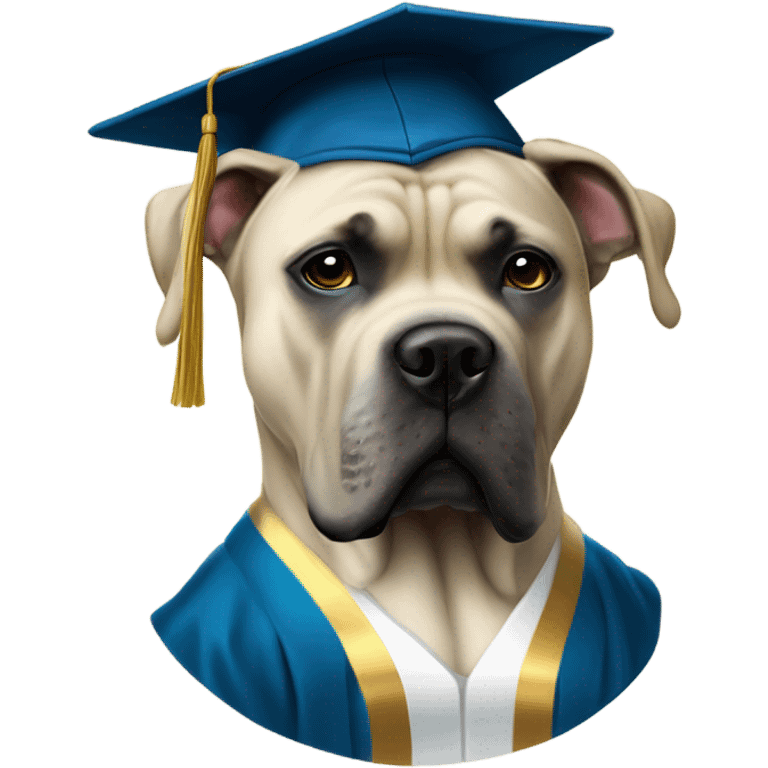 White and gold Cane Corso with glasses and cap and gown after graduating. emoji