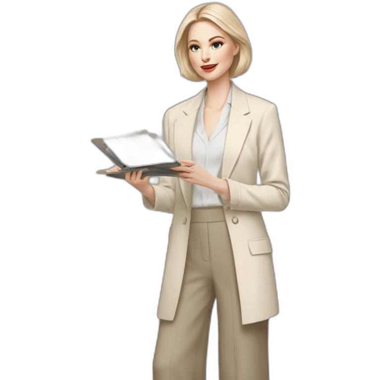 pale skin woman with ash blonde Straightened bob Hair, White Spacious classical jacket, beige palazzo Arrow pants and gray blouse holding a color palette in the hands emoji