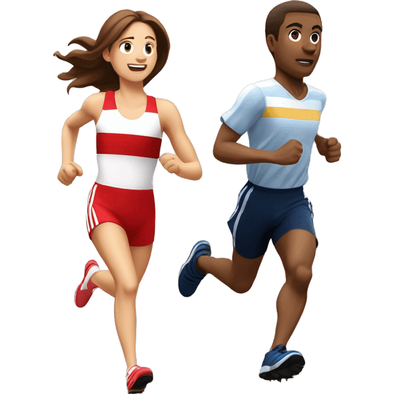 guy with brown hair wearing stripped red and white, running in cross country spikes chasing a girl with a shirt that says NCC track  emoji