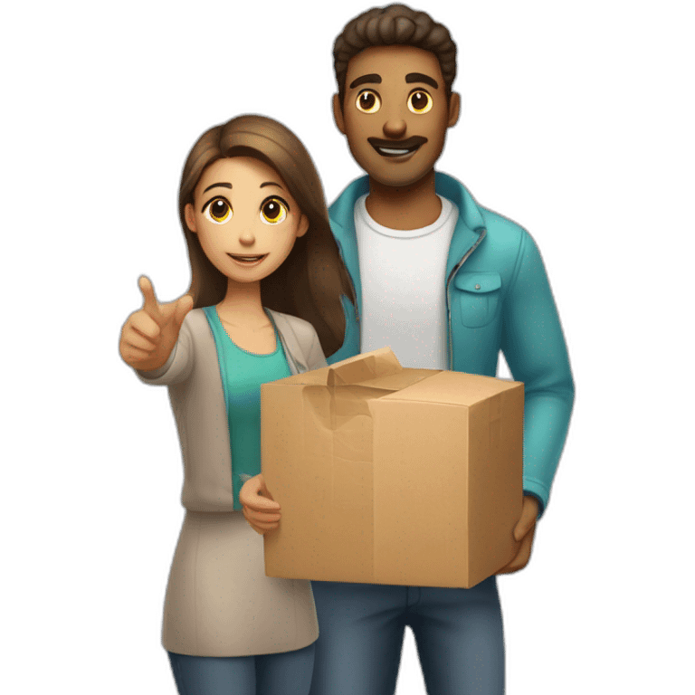 A man giving a girl a package with the word attention on it emoji