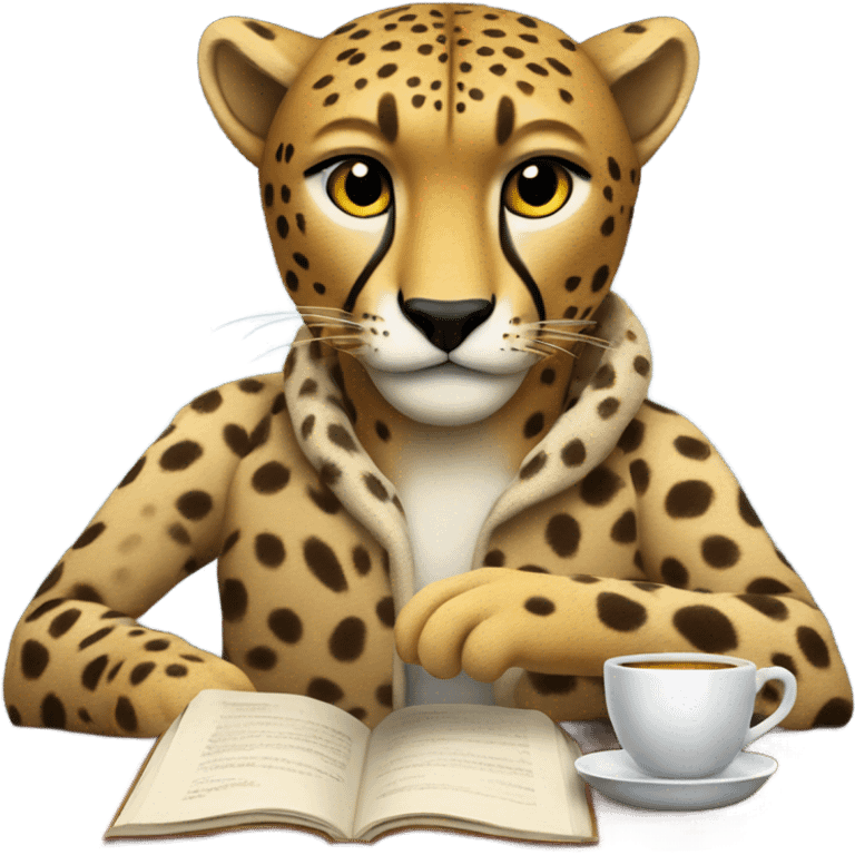 Cheetah with tea and a book emoji