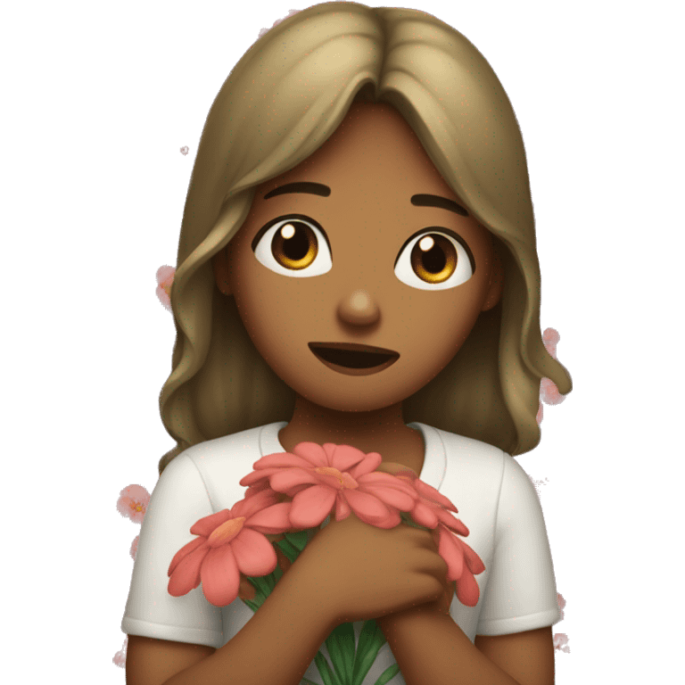 The girl is crying with flowers in her hands. emoji