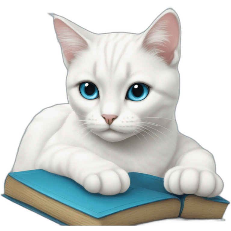 white cat with black markings and blue eyes  chilling woth a book emoji