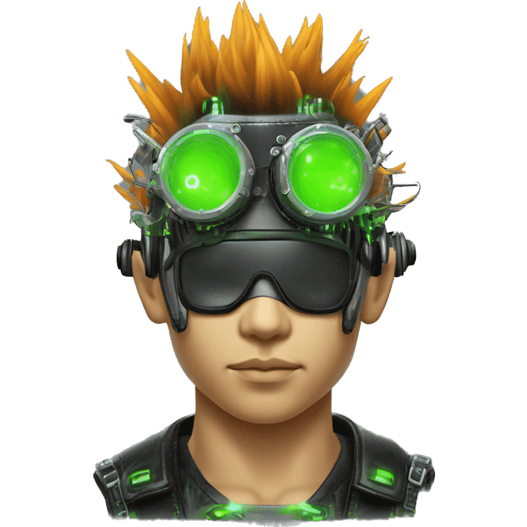 Mohawk hair with neon green highlights Asian male cyborg head with neon silver steampunk goggles and circuits emoji