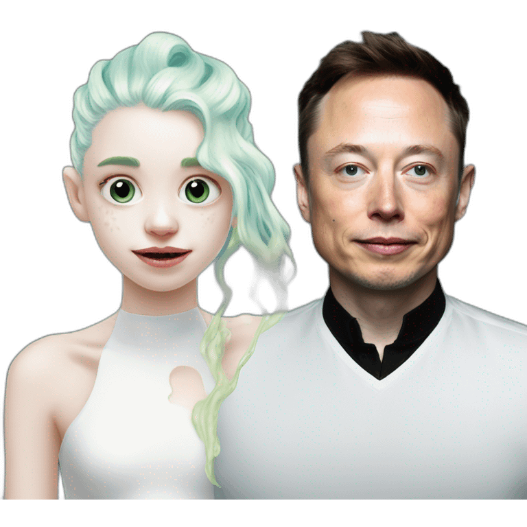 Grimes with white milk slime on face, elon musk smirking, duo emoji