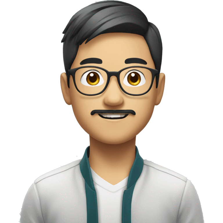 Asian boy smiling with food. Glasses and a mustache and goatee  emoji