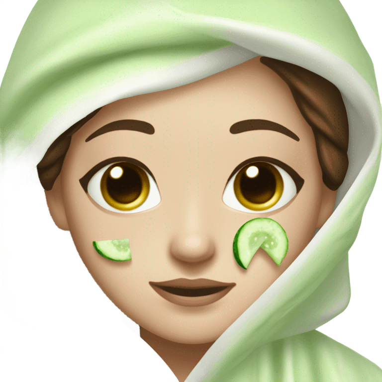 Girl with freackles Brown hair white skin and blue eyes wears Green colored texture skin care mask all over her face while She relaxes she puts on two mini round piece of cucumber on her closed eyes In a white Robe emoji