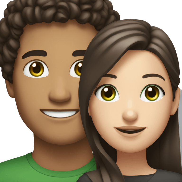 Hispanic male with black curly hair and brown eyes smiling next to white female with straight brown hair and green eyes emoji