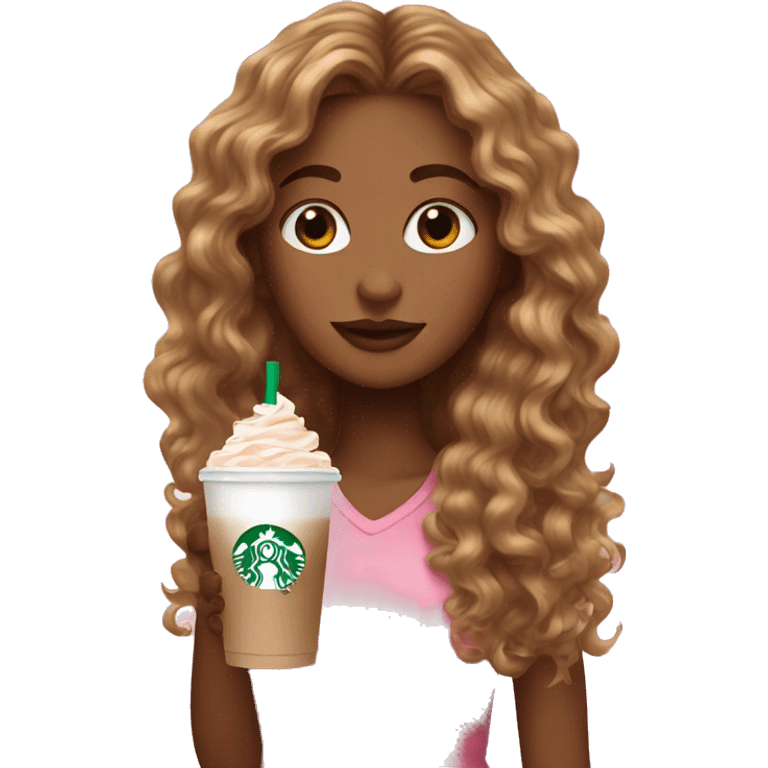 girl with brown and blonde ombré long curly hair holding Pink starbucks refresher emoji