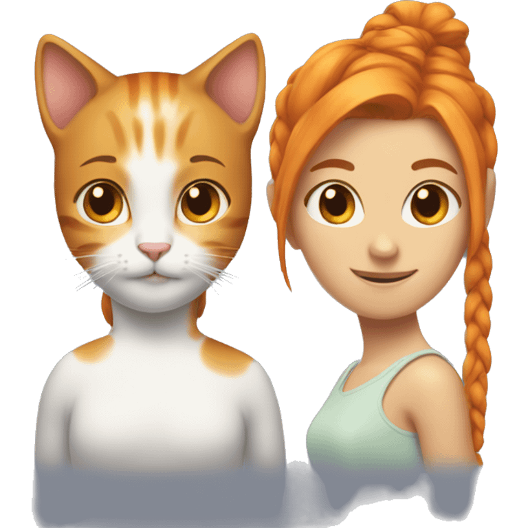 The emoji has two cats and orange hair tied in a ponytail. emoji