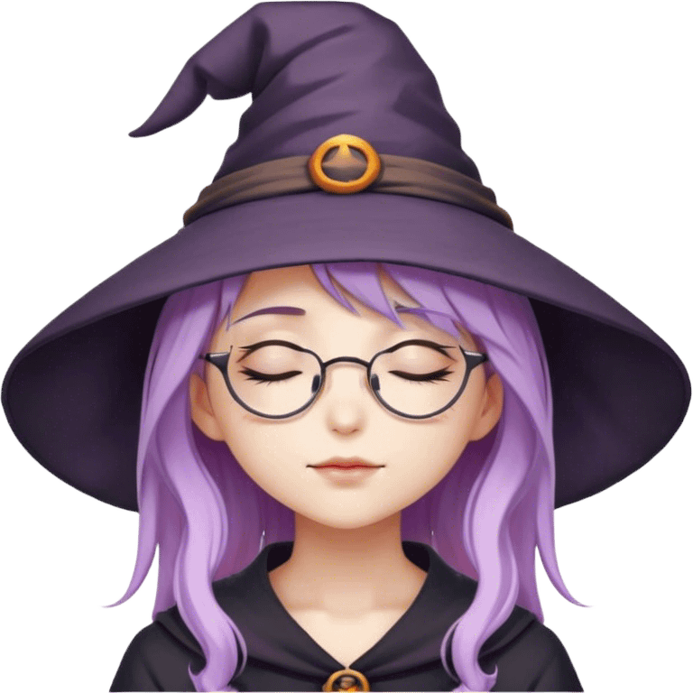 cute anime girl with closed eyes with lilac hair in witch hat and glasses emoji